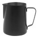 A black Rhino Coffee Gear stainless steel milk pitcher with a handle.