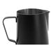 A Rhino Coffee Gear black stainless steel milk pitcher with a handle.