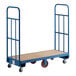 A blue Lavex U-boat utility cart with a wooden platform and two wheels.
