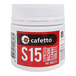 A white plastic jar of Cafetto S15 espresso machine cleaning tablets with a red label.