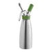 A stainless steel iSi whipped cream dispenser with a green plastic lid.