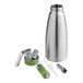 A close-up of a stainless steel iSi whipped cream dispenser with green and white accents.