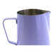 A lavender stainless steel milk pitcher with a metal handle.