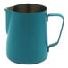 A teal blue stainless steel milk pitcher with a handle.