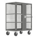 A grey Valley Craft security cart with shelves and a cage on wheels.