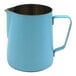A blue stainless steel Rhino Coffee Gear milk pitcher with a handle.