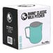 A white box with a black and teal Rhino Coffee Gear logo and a teal Rhino Coffee Gear stainless steel milk pitcher.