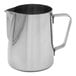 A Rhino Coffee Gear stainless steel milk pitcher with a handle.