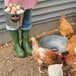 A woman holding a Behrens galvanized steel bucket of eggs.