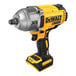 A yellow and black DeWalt cordless impact wrench with belt hook