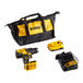 A yellow and black DeWalt drill in a yellow and black bag with a black and yellow battery charger.