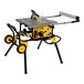A yellow DeWalt table saw on a rolling stand.