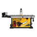 A yellow and black DeWalt table saw on a rolling stand.