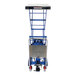 A blue and silver hydraulic lift cart with a blue tray on top.