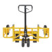 A yellow Vestil steel manual pallet truck with black wheels.