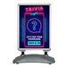 A double-sided aluminum sign with a snap frame and a plastic base, displaying a trivia night advertisement.