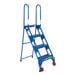 A blue Vestil steel folding ladder with wheels.