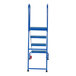 A blue steel 4-step ladder with wheels.