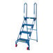 A blue Vestil steel folding ladder with wheels.