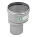 A silver stainless steel pipe with a green and white label.