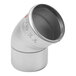 A silver stainless steel pipe elbow with a red label.