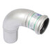 A close-up of a BLUCHER stainless steel pipe elbow.