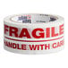 A roll of Tape Logic "Fragile / Handle With Care" sealer tape with red text.