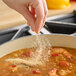 A close-up of a person's hand sprinkling Hometown Provisions Granulated Onion into a pot of soup.
