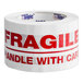 A white Tape Logic roll of 2" x 110 yard packing tape with red "Fragile / Handle With Care" text.