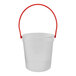 A clear plastic bucket with red handle.