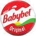 A round red and white Babybel wrapper with white, red, and green text.