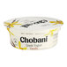 A white Chobani container of non-fat vanilla Greek yogurt with black and yellow text.