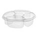 A group of clear Inline Plastics 5-compartment containers with lids.