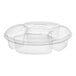 A clear plastic Inline Plastics 5-compartment round platter with lids.