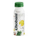A white Chobani bottle with a green lid and black and white label.