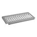 A stainless steel drip pan cover with a metal handle and holes.