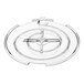 A clear plastic lid with a circular design.