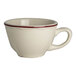 A white Homer Laughlin china cup with a red rim.