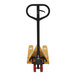 A black and yellow Vestil Steel Mini Hand Pallet Truck with a black pole.