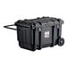 A black plastic rolling tool chest with a handle and wheels.