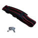 A black and red strap with a key on a Vestil aluminum tool carrying case.