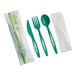 A green Stalk Market heavy weight cutlery set with napkin.