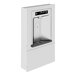 A stainless steel wall mounted Haws bottle filler over a white background.