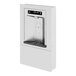 A Haws stainless steel rectangular bottle filler with a black and silver handle.