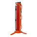An Ideal Warehouse orange metal 3-legged portable barrier system with large orange wheels.