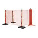 An Ideal Warehouse orange outdoor portable barrier with three legs and two poles.