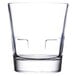 A close up of a clear Libbey Optiva stackable rocks glass.