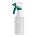 A white plastic spray bottle with a green lid.