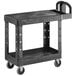 A black Rubbermaid plastic utility cart with wheels.