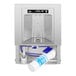 A Haws stainless steel recessed bottle filler with a blue hose.